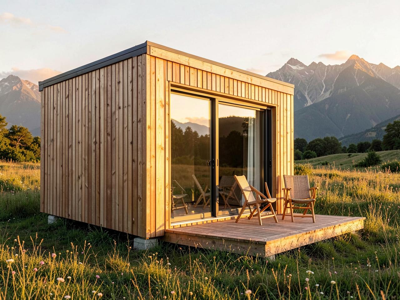 Cedar-clad prefab cabin on a meadow with mountain views