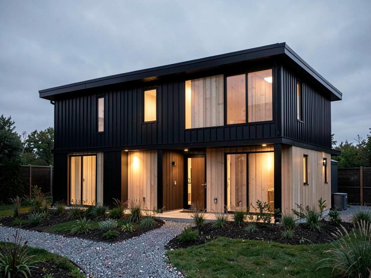 Two-story black steel and wood prefab home with warm evening lights