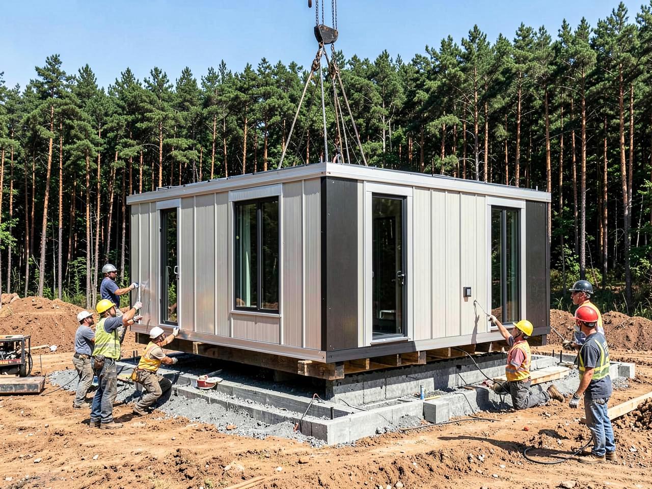 A home module being lowered by crane onto its foundation by a crew