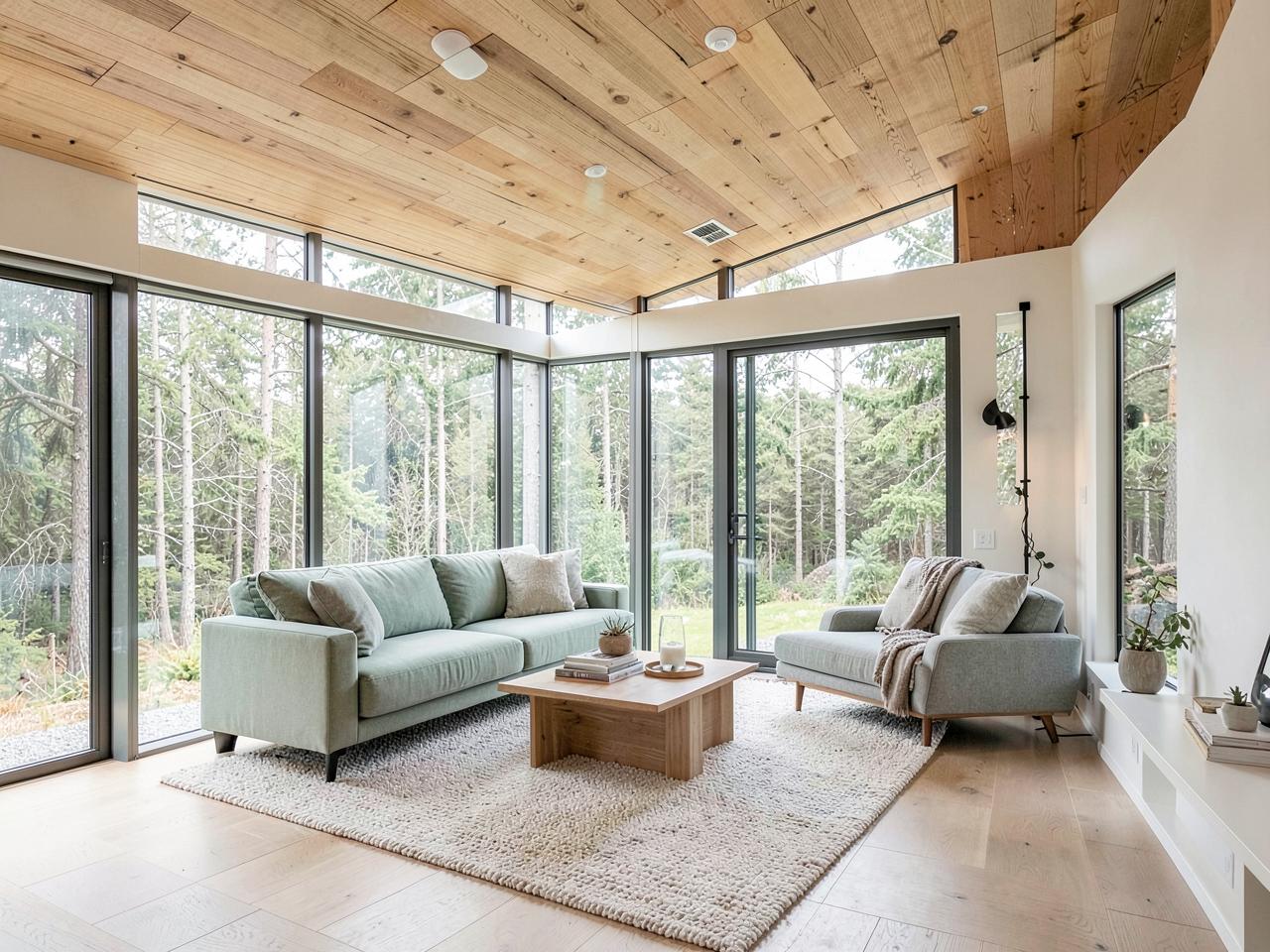 Bright living room with forest views and oak ceiling